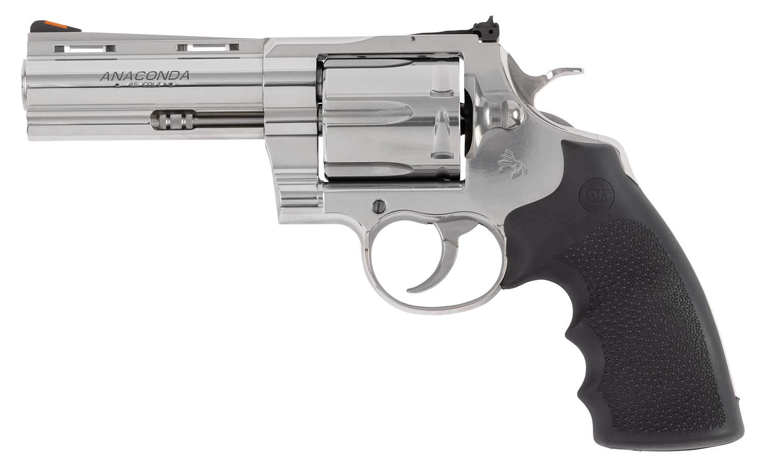 Colt Mfg ANACONDASP4RTS45C Anaconda 45 Colt (Long Colt) 6rd Shot 4.25″ Stainless Vent Rib Barrel, Cylinder & Frame, Black Grip