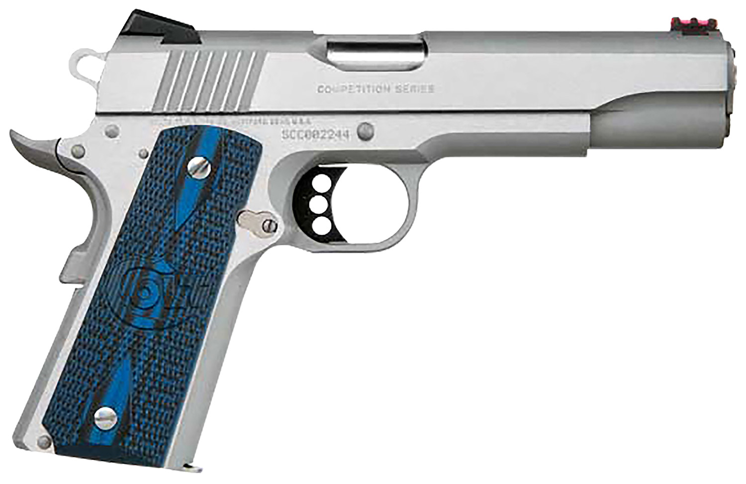 Colt Mfg O1072CCS Competition Government 9mm Luger 9+1 5″ Stainless National Match Barrel, Stainless Steel Serrated Slide & Frame w/Beavertail, Checkered Blue G10 Grip, Ambidextrous