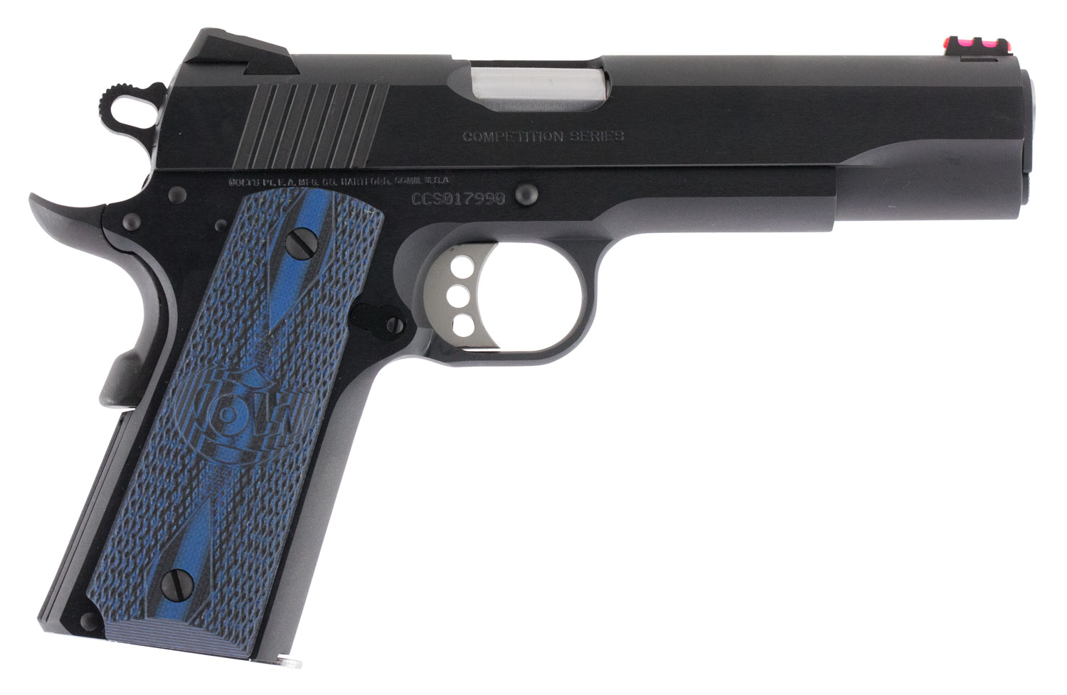 Colt Mfg O1970CCS Competition Government 45 ACP 8+1 5″ Stainless National Match Barrel, Blued Serrated Carbon Steel Slide & Frame w/Beavertail, Blue Scalloped G10 Grip, Ambidextrous