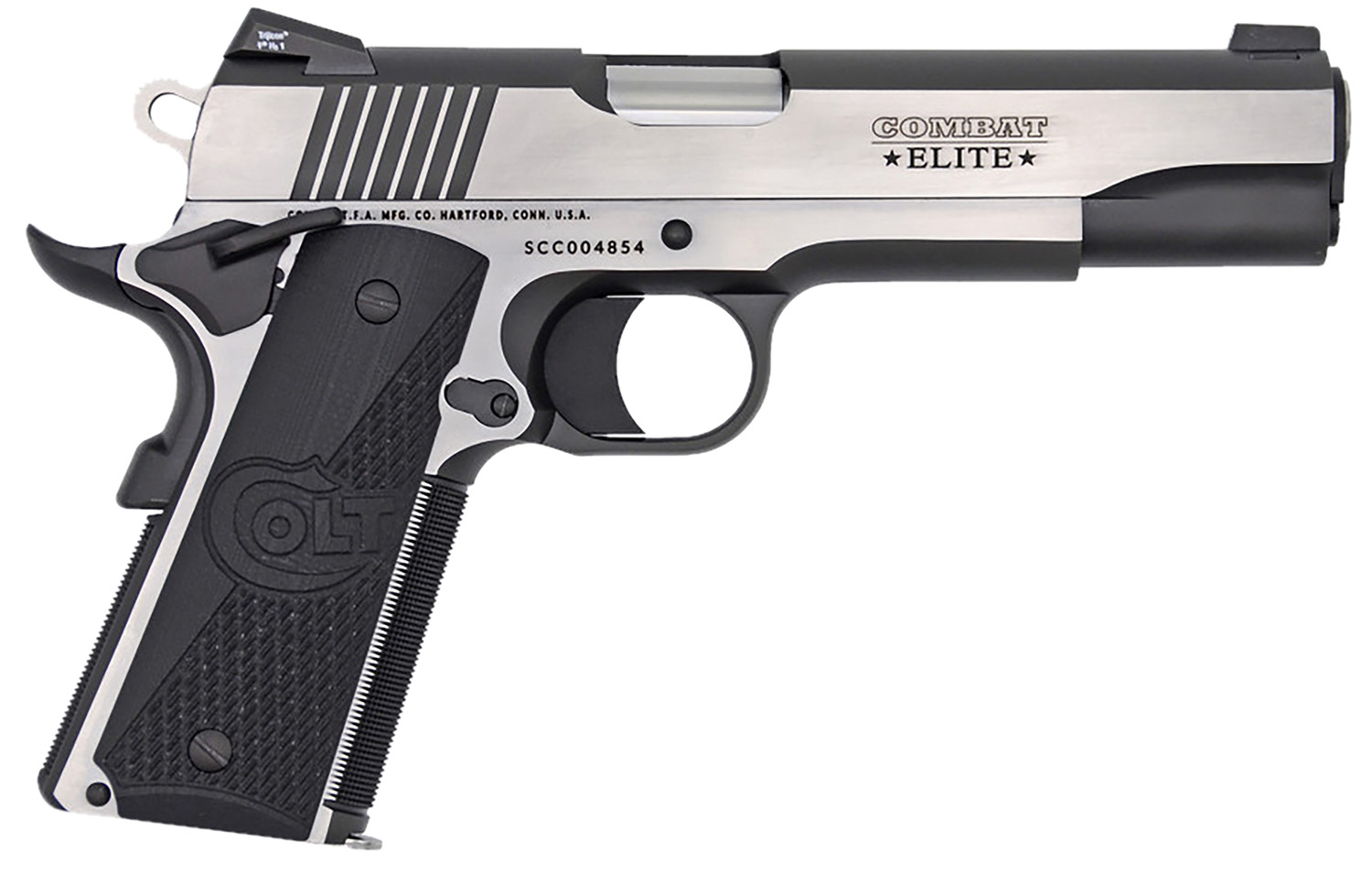 Colt Mfg O1072CE 1911 Combat Elite Government 9mm Luger 5″ 9+1 Overall Two-Tone Elite Finish Stainless Steel Frame & Slide with Half Checkered & Scalloped Black G10 Grip & Night Sights