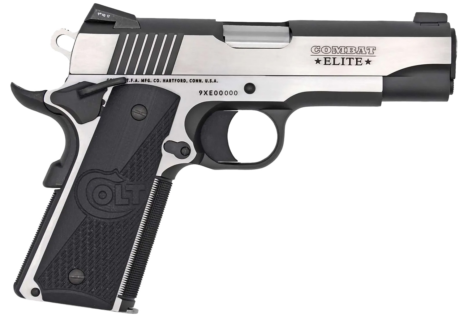 Colt Mfg O4082CE Combat Elite Commander 9mm Luger 8+1 4.25″ Stainless Steel Barrel, Two-Tone Serrated Stainless Steel Slide & Frame w/Beavertail, Black Scalloped G10 Grip, Ambidextrous