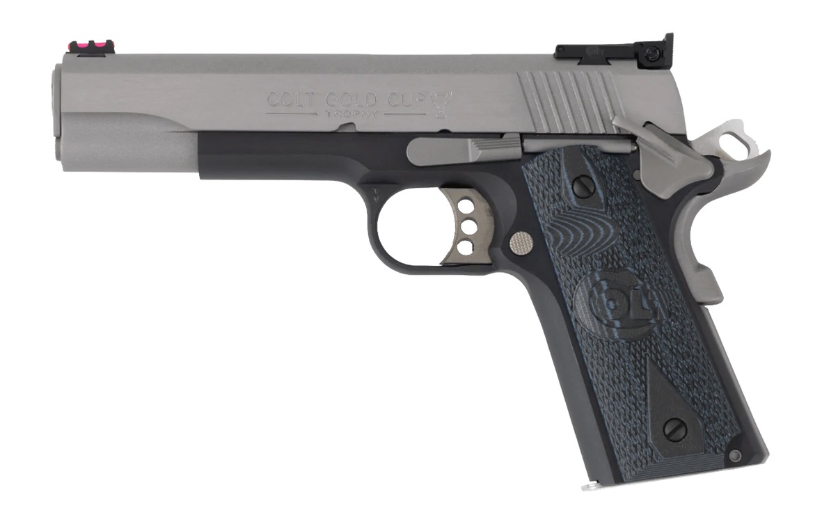 Colt Mfg O5973GCL-TT Gold Cup 38 Super 9+1 5″ Stainless National Match Barrel, Brushed Stainless Steel Serrated Slide, Black/Stainless Steel Frame w/Beavertail, Blue Scalloped G10 Grip, Ambidextrous