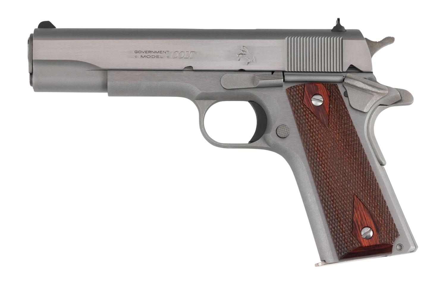 Colt Mfg O1911C-SS9 1911 Government 9mm Luger 9+1 5″ Stainless National Match Barrel, Stainless Steel Serrated Slide, Stainless Streel Frame w/Beavertail, Double Diamond Checkered Wood Grip