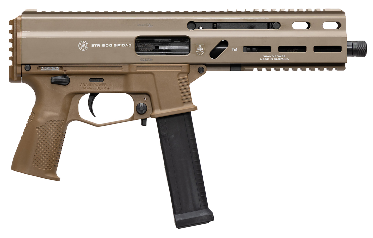 Grand Power 197892004800 SP10A3 Stribog 10mm Auto 20+1 8″ Black Threaded Barrel, Flat Dark Earth Aluminum Picatinny Rail Receiver, FDE Polymer Grip, Thread Protector