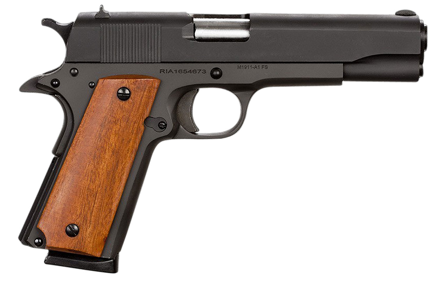 Rock Island 51421 GI Standard FS *CA Compliant 45 ACP Caliber with 5″ Barrel, 8+1 Capacity, Overall Black Parkerized Finish Steel, Beavertail Frame, Serrated Slide & Wood Grip