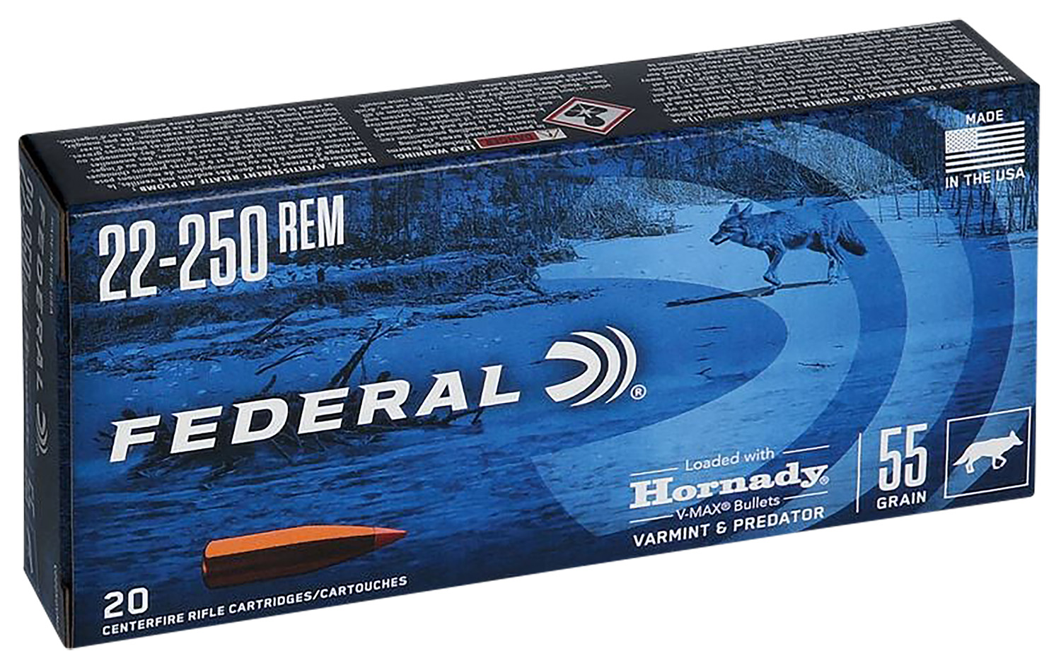 Federal V22250VM2 Varmint & Predator 22-250Rem 55gr Hornady V-Max 20 Per Box/10 Case