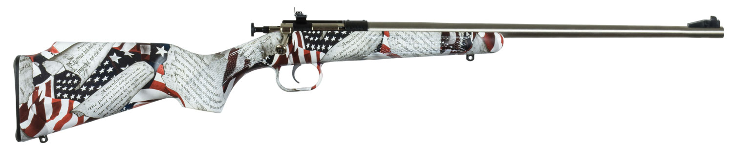 Crickett KSA3168 Youth 22 LR 1rd 16.12″ Stainless Steel Barrel, Fixed Front/Adjustable Rear Peep Sights, American Flag/Amendment Synthetic Stock w/11.5″ LOP, Rebounding Firing Pin Safety