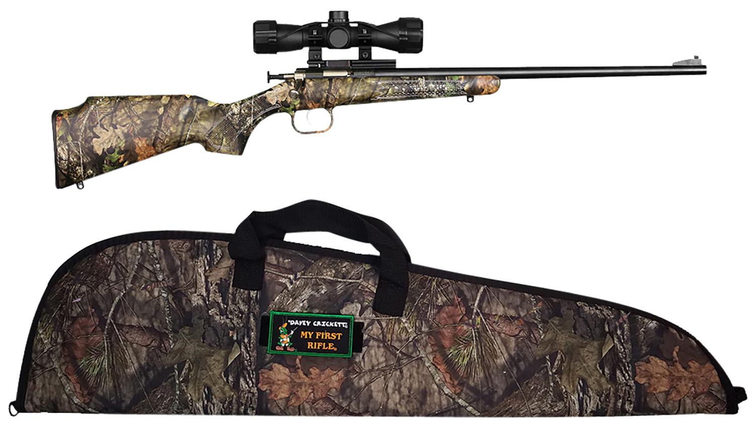 Crickett KSA2163BSC Youth Package 22 LR 1rd 16.12″ Blued Barrel/Receiver, Mossy Oak Break-Up Synthetic Stock, Rebounding Firing Pin Safety Includes 4x32mm Scope, Scope Mount & Soft Case