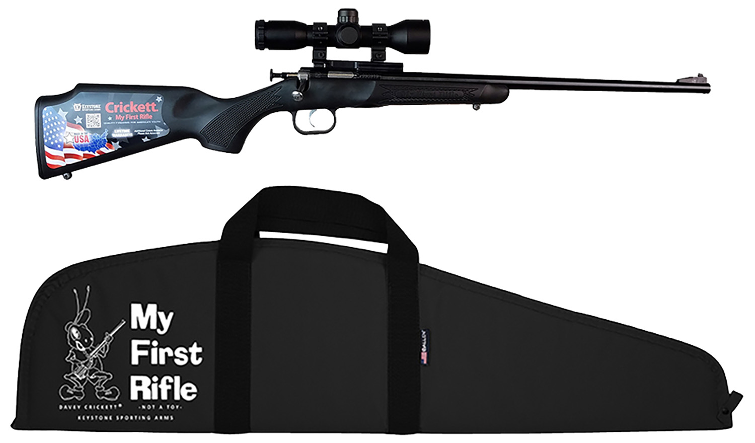 Crickett KSA2240BSC Youth Package 22 LR 1rd 16.12″ Blued Barrel & Receiver, Black Synthetic Stock w/11.5″ LOP, Rebounding Firing Pin Safety Includes 4×32 Scope, KSA301 Scope Mount Kit & Soft Rifle Cas