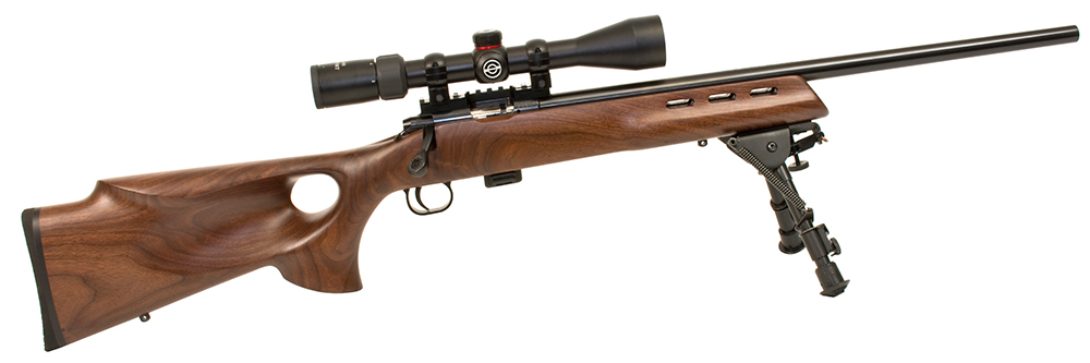 Crickett KSA20030 Model 722 Varmint Package Youth 22 LR 7+1 20″ Blued Bull Barrel, Blued Steel Receiver, Fixed Thumbhole Walnut Stock, Includes Simmons 3-9x40mm Scope, Bipod, Case & Scope Rings