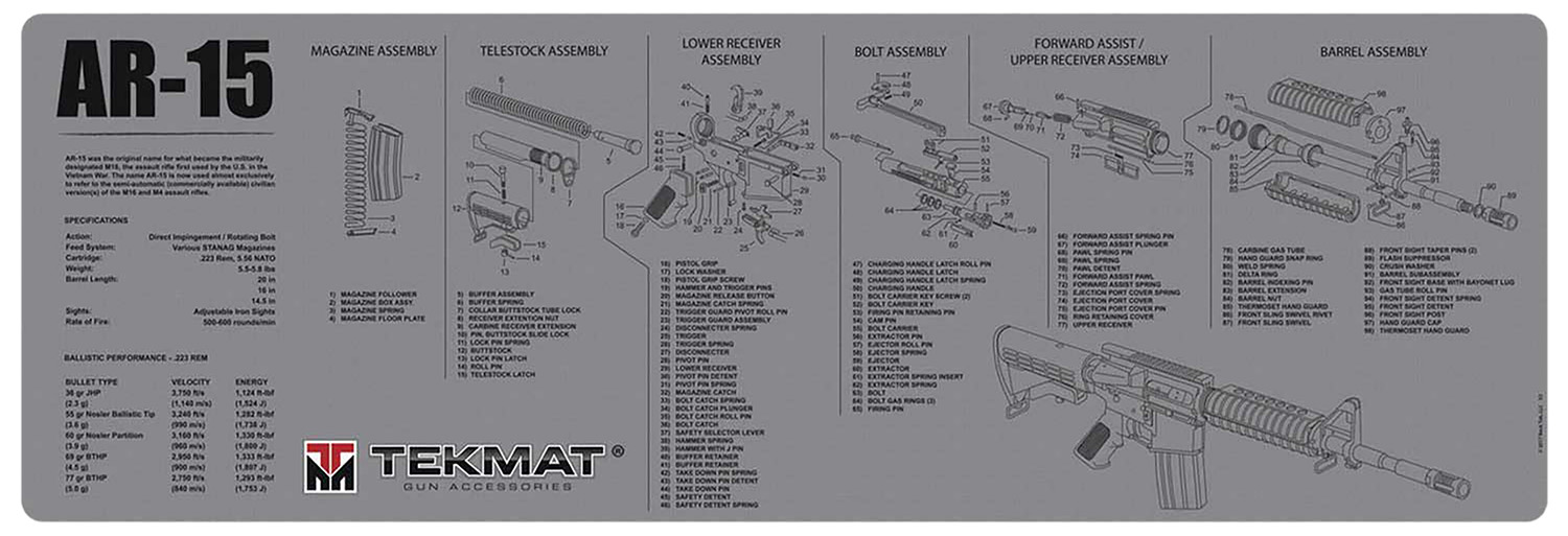 TekMat TEKR36AR15GY AR-15 Cleaning Mat Gray Rubber 12″x36″ AR-15 Parts Diagram