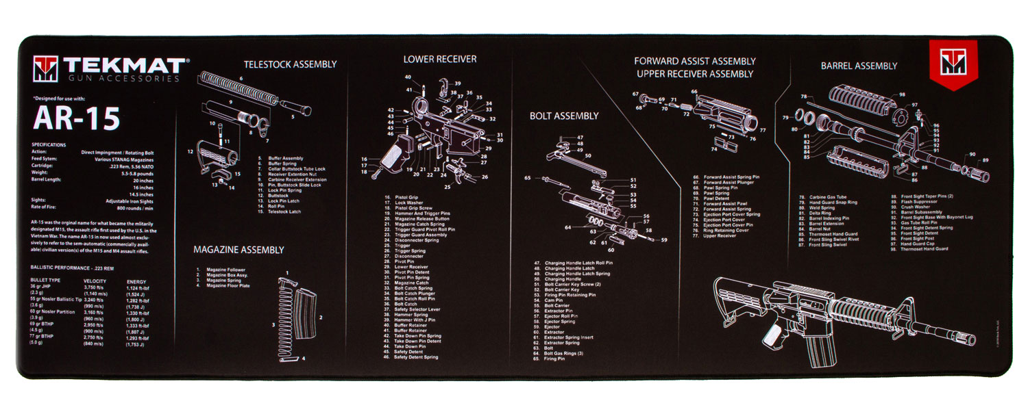 TekMat TEKR44AR15 AR-15 Ultra 44 Cleaning Mat Black/White Rubber 15″x44″ AR-15 Parts Diagram