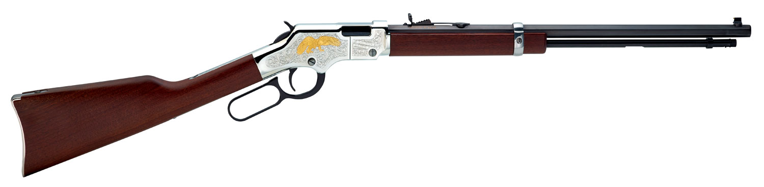 Henry H004GE Golden Eagle Full Size 22 Short, 22 Long, 22 LR, 16 LR/21 Short 20″ Blued Octagon Barrel, Nickel-Plated Metal Finish, American Walnut Stock Right Hand