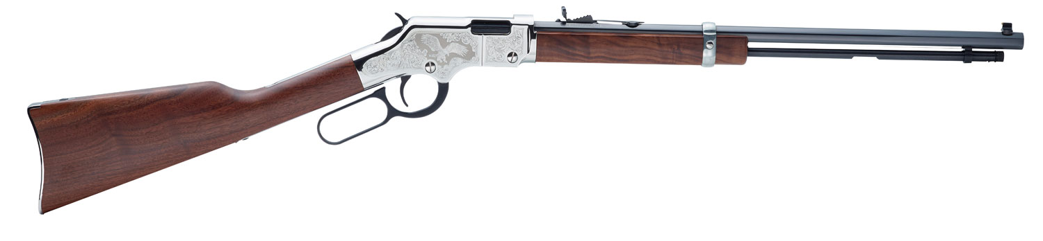 Henry H004SE2 Golden Boy Silver Eagle 2nd Edition 22 Short, 22 Long or 22 LR Caliber with 16 LR/21 Short Capacity, 20″ Blued Barrel, Nickel-Plated Metal Finish & American Walnut Stock Right Hand (Full