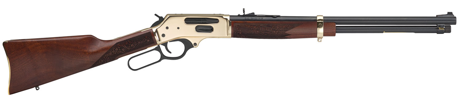 Henry H02435 Side Gate Full Size 35 Rem 5+1 20″ Blued Steel Barrel, Brass Polished Drilled & Tapped Brass Receiver, American Walnut Fixed Stock, Right Hand