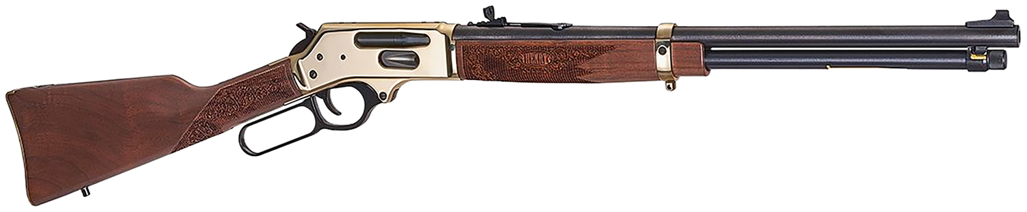 Henry H024360BH Side Gate Full Size 360 Buckhammer 5+1 20″ Blued Steel Barrel, Brass Polished Drilled & Tapped Brass Receiver, Fixed American Walnut Stock, Right Hand