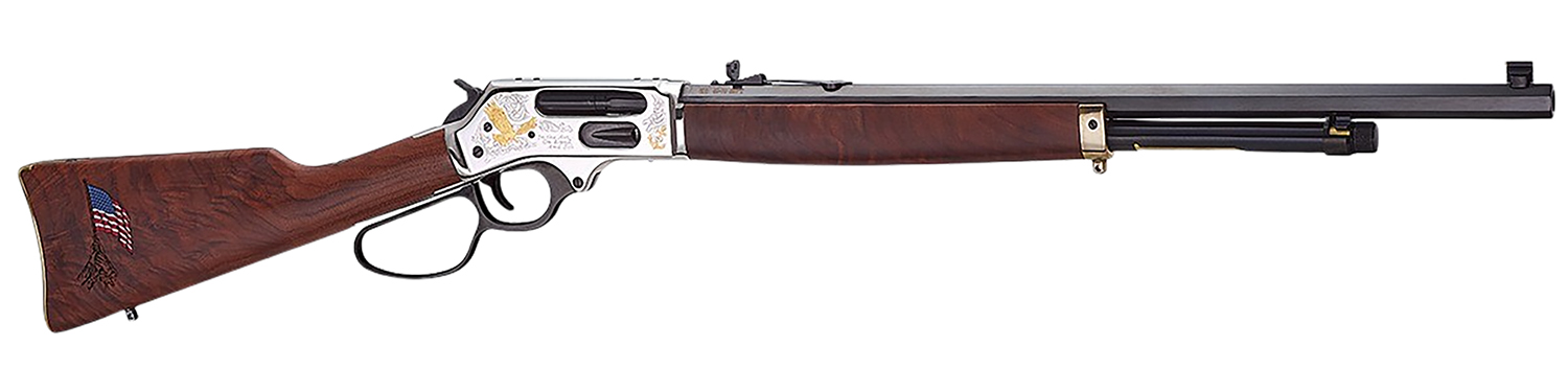 Henry H010BGMC Spirit Of The Corps 45-70 Gov 4+1 22″ Black Octagon Barrel, Nickel Engraved w/24K Gold Inlay Brass Drilled & Tapped Receiver, American Walnut Straight Stock