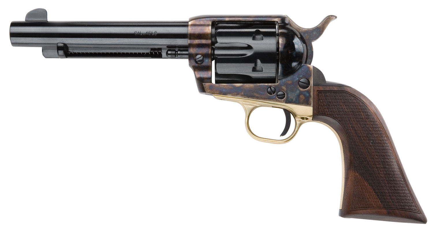 Pietta HF45ALC512NMCW 1873 Great Western II Alchimista II 45 Colt (Long Colt) 6rd 5.50″ Blued Steel Barrel & Cylinder, Color Case Hardened Steel Frame, Checkered Walnut Army Grip, Exposed Hammer