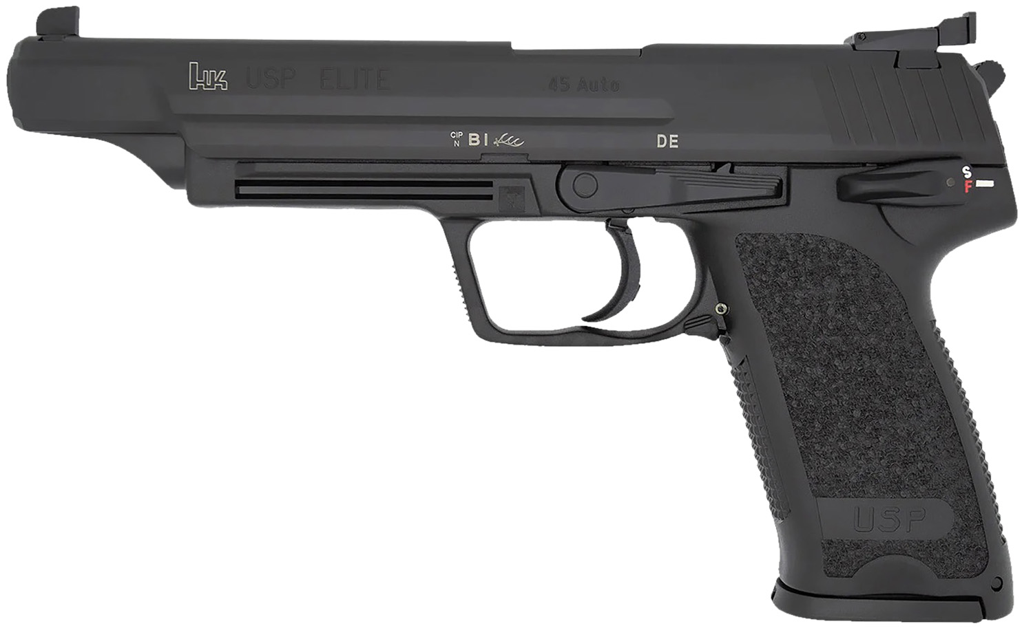 HK 81000368 USP V1 Elite 45 ACP 10+1 6.02″ Stainless Stainless Steel Barrel, Black Long/Serrated Steel Slide, Black Polymer Frame, Black Polymer Grip
