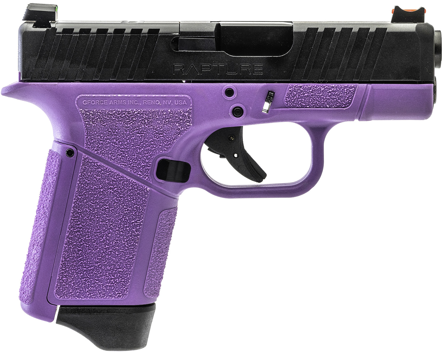 Gforce Arms GF932512PUB Rapture  Sub-Compact Frame 9mm Luger 12+1 3.25″ Black Steel Barrel, Black Optic Cut/Serrated Steel Slide, Purple Cerakote Polymer Frame