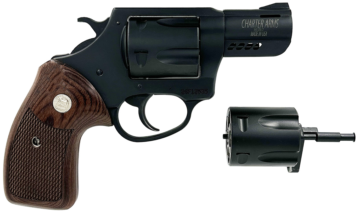 Charter Arms 13920 Double Dog Large 9mm Luger/357 Mag/38 Special 5 Shot 2.20″ Overall Black Passivate Stainless Steel Ported Barrel, Cylinder & Frame, Walnut Grip, Exposed Hammer