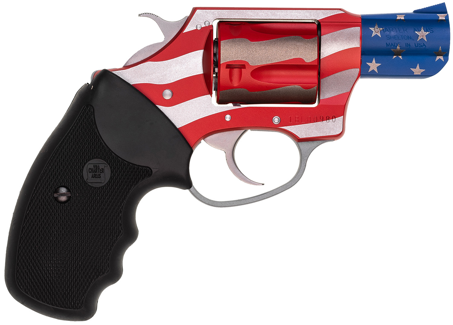 Charter Arms 23872 Undercover The Old Glory Small 38 Special, 5 Shot 2″ American Flag Stainless Steel Barrel & Cylinder, American Flag Aluminum Frame w/Black Finger Grooved Rubber Grip, Exposed Hammer