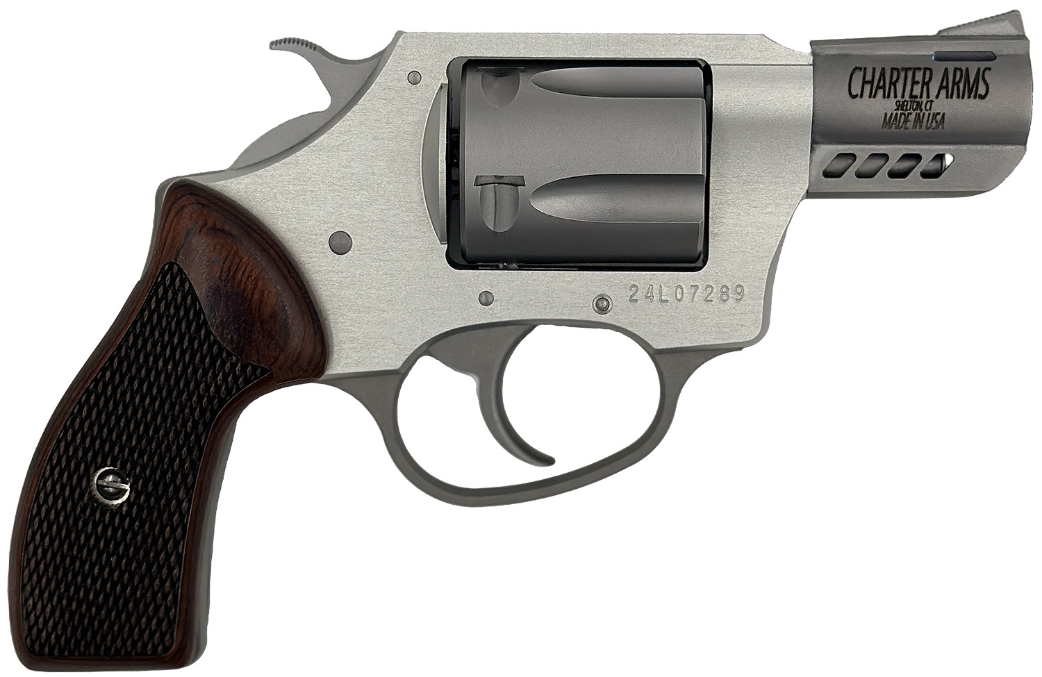 Charter Arms 53802 Coyote Small 380 ACP 5 Shot 2″ Ported Stainless Steel Barrel, Stainless Steel Cylinder, Anodized Aluminum Frame, Rosewood Checkered Grip, Exposed Hammer