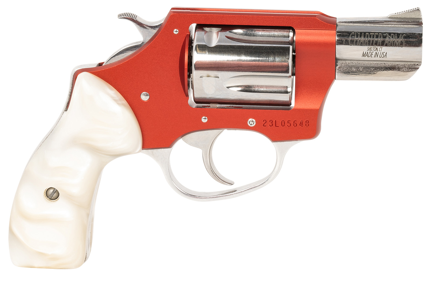 Charter Arms 53826 Chic Lady  38 Special 5 Shot 2″ High Polished Stainless Barrel & Cylinder, Red Anodized Aluminum Frame, White Pearlite Grip, Exposed Hammer