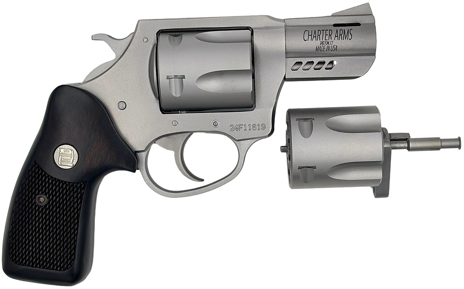 Charter Arms 73920 Double Dog Large 9mm Luger/357 Mag/38 Special 5 Shot 2.20″ Overall Stainless Steel Ported Barrel, Cylinder & Frame, Walnut Grip, Exposed Hammer