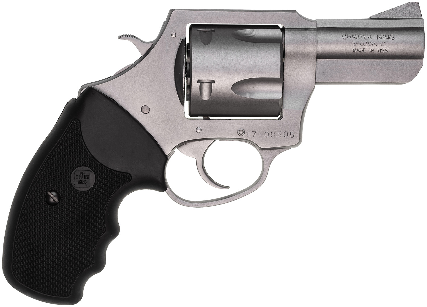 Charter Arms 74520 Pitbull 45 ACP 5rd, 2.50″ Matte Stainless Steel Barrel, Cylinder & Frame, Standard Hammer, Finger Grooved Black Rubber Grip