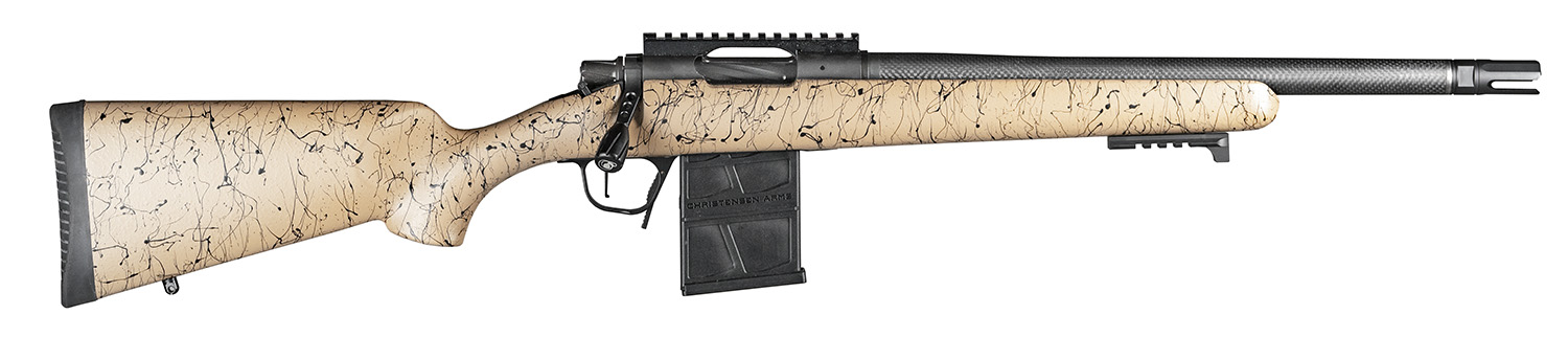 Christensen Arms 8010612000 Ridgeline Scout Full Size 308 Win 4+1, 16″ Black Nitride Steel Threaded Barrel, Black Nitride Aluminum Receiver, Tan w/Black Webbing Fixed Sporter Stock