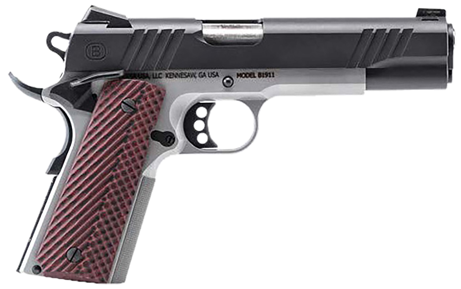 Bersa B19117050BMBC B1911 Full Size Frame 45 ACP 8+1 5″ Stainless Steel Barrel, Stainless Serrated Steel Slide, Black Stainless Steel Frame w/Beavertail, Rosewood Grip, Ambidextrous