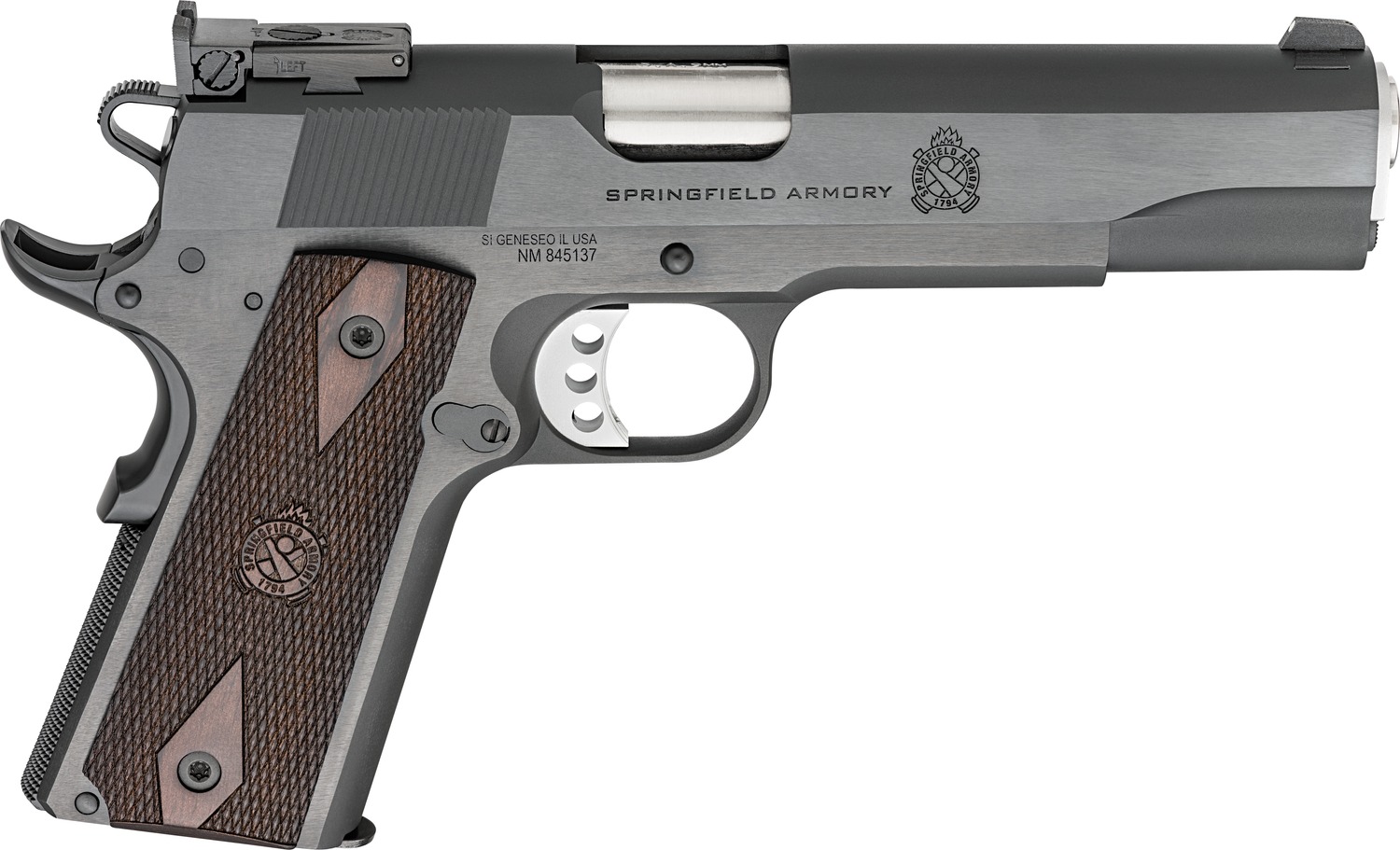 Springfield Armory PX9419ADJ 1911 Garrison Full Size 9mm Luger 9+1 5″ Stainless Match Grade Barrel, Blued Carbon Steel Serrated Slide, Blued Carbon Steel Frame w/Beavertail, Thinline Wood Grip