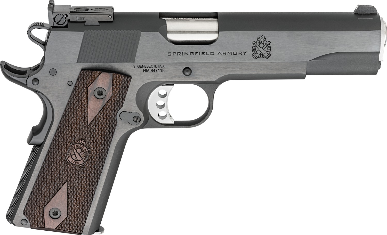 Springfield Armory PX9420ADJ 1911 Garrison Full Size 45 ACP 7+1 5″ Stainless Match Grade Barrel, Blued Carbon Steel Serrated Slide, Blued Carbon Steel Frame w/Beavertail, Thinline Wood Grip