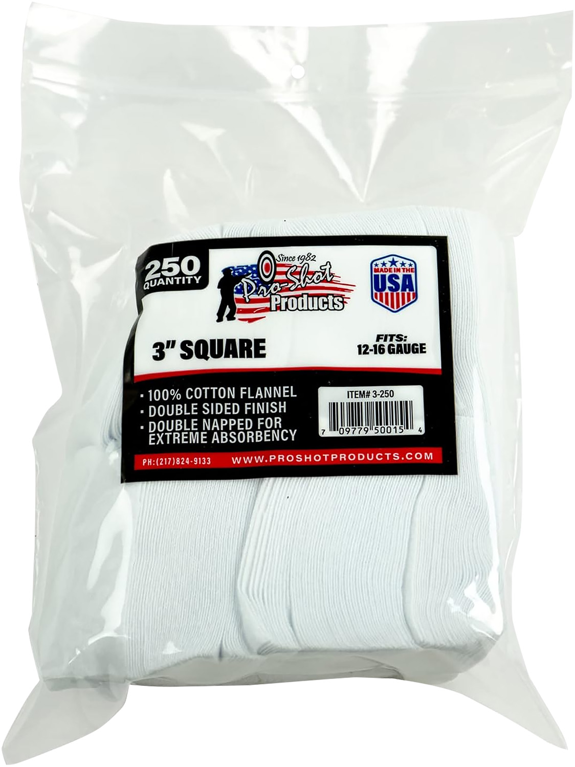 Pro-Shot 3250 Cleaning Patches 12-16 Gauge 3″ Square Cotton Flannel 250 Pack