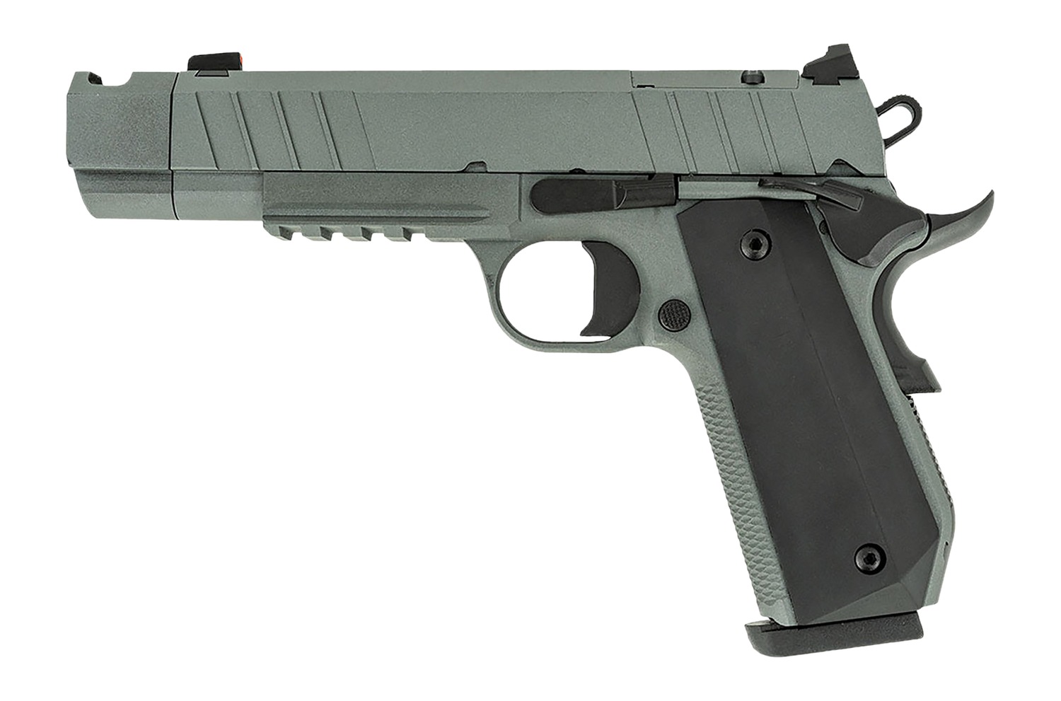 Tisas Arms 10100135 1911 Night Stalker Carry 45 ACP 8+1 4.25″ Black Bull Barrel, Gray Cerakote Carbon Steel Serrated Slide, Gray Cerakote Carbon Steel Frame w/Beavertail & Picatinny Rail, Black Rubber