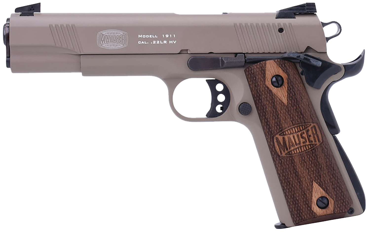 Mauser Rimfire 4110604 1911 22 LR 10+1 5″ Black Steel Barrel, Tan Serrated Aluminum Slide, Tan Aluminum Frame w/Beavertail, Walnut Grip, Ambidextrous