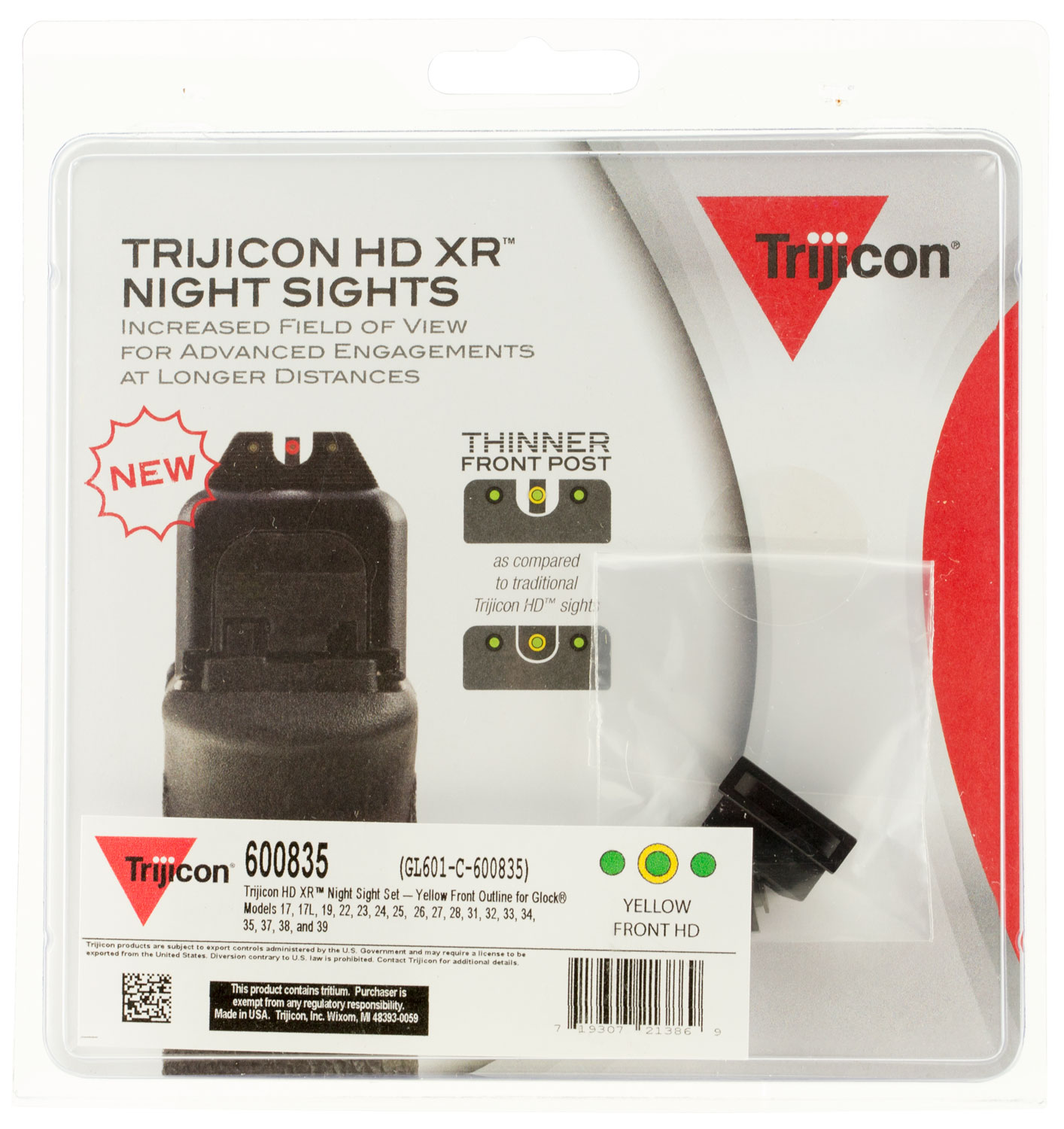 Trijicon 600835 HD XR Night Sights  Green/Tritium Yellow Outline Front Sight-Green Tritium Black Outline Rear Sight Glock 17/17L/19/22 Standard Frame