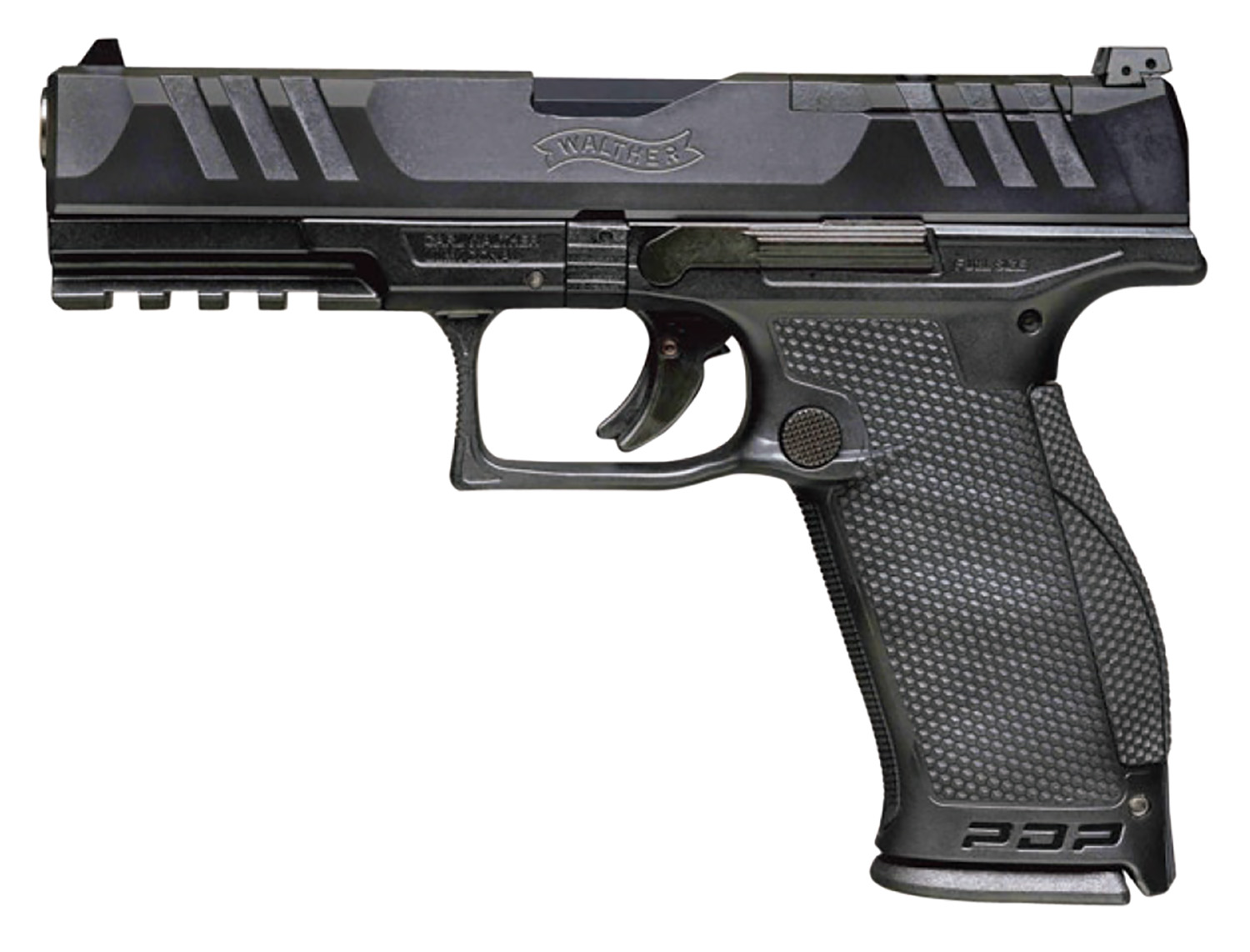 Walther Arms 2858134 PDP Optic Ready 9mm Luger Caliber with 5″ Barrel, 10+1 Capacity, Black Finish Picatinny Rail Frame, Serrated/Optic Cut Black Steel Slide & Performance Duty Textured Polymer Grip
