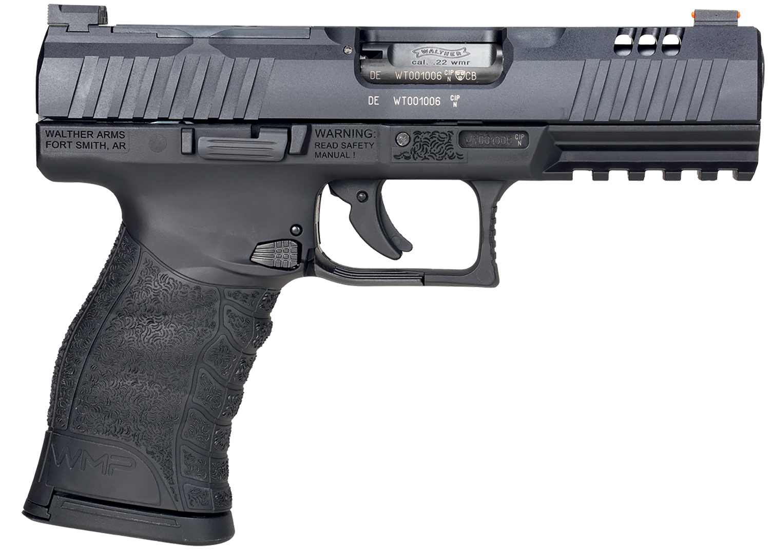 Walther Arms 5220302 WMP Optic Ready 22 WMR 10+1 4.50″ Stainless Steel Barrel, Black Optic Ready/Serrated Slide, Black Polymer Frame w/Picatinny Rail, Black Polymer Grip, Right Hand