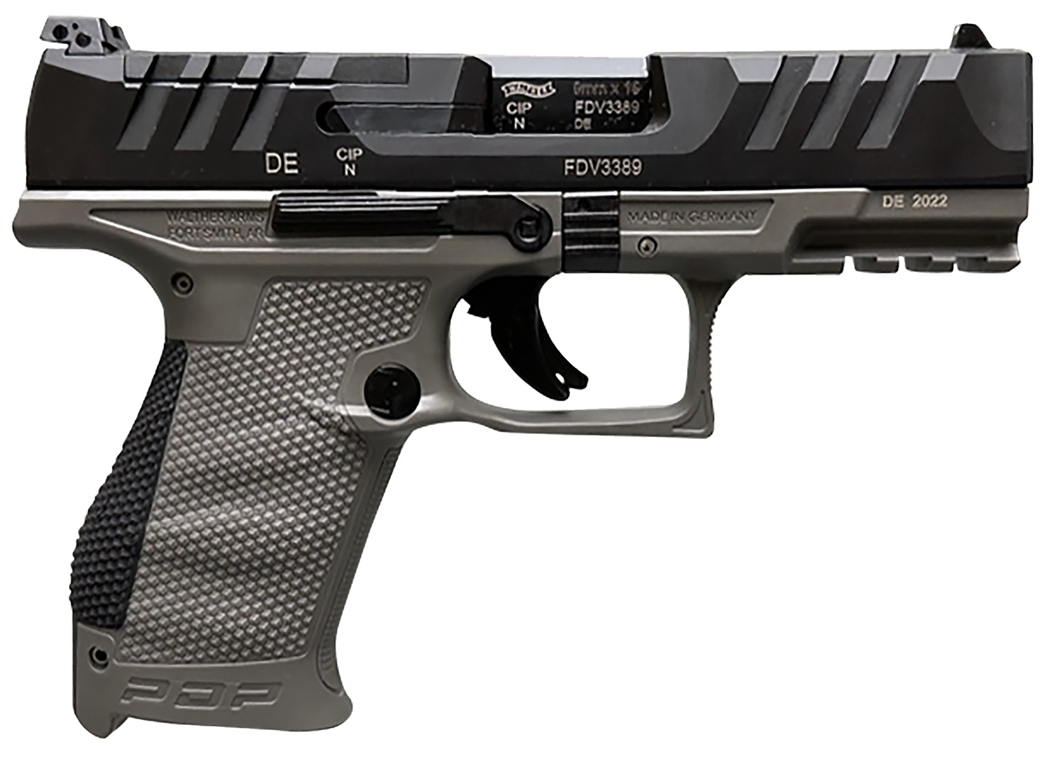 Walther Arms 2858436 PDP  Compact Frame 9mm Luger 15+1 4″ Black Steel Barrel, Black Optic Ready/Serrated Steel Slide, Gray Polymer Frame w/Picatinny Rail, Textured Polymer Grip, Ambidextrous