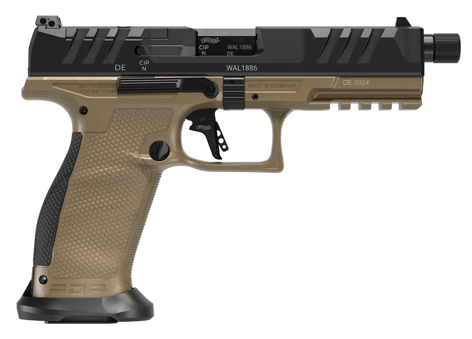 Walther Arms 2871955 PDP Pro SD Full Size 9mm Luger 10+1 5.10″ Black Threaded Barrel, Black Optic Ready/Serrated Slide, Flat Dark Earth Polymer Frame w/Picatinny Rail, Textured Polymer Grip