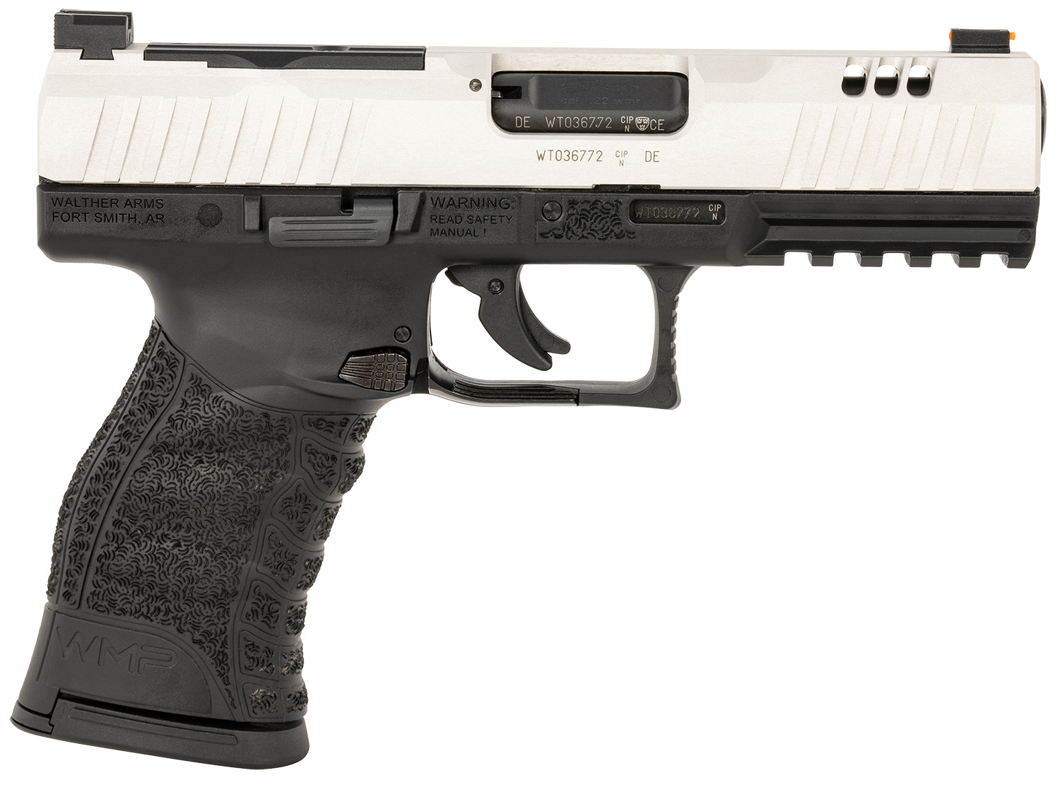 Walther Arms 5220306 WMP  Full Size Frame 22 WMR 15+1 4.50″ Stainless Steel Barrel, Silver Serrated Aluminum Slide, Black Polymer Frame w/Picatinny Rail