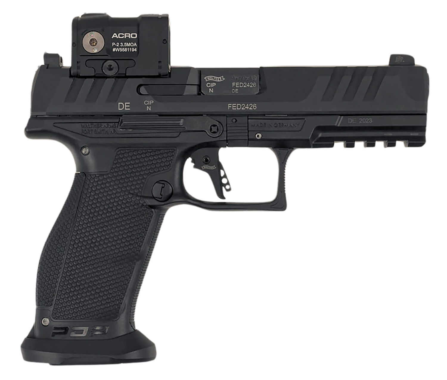 Walther Arms 2881225PRO PDP w/Optic Full Size Frame 9mm Luger 18+1 4.50″ Polygonal Rifling Barrel Black Optic Ready/Serrated Steel Slide Black Polymer Frame w/Picatinny Rail, Aimpoint Acro Red Dot