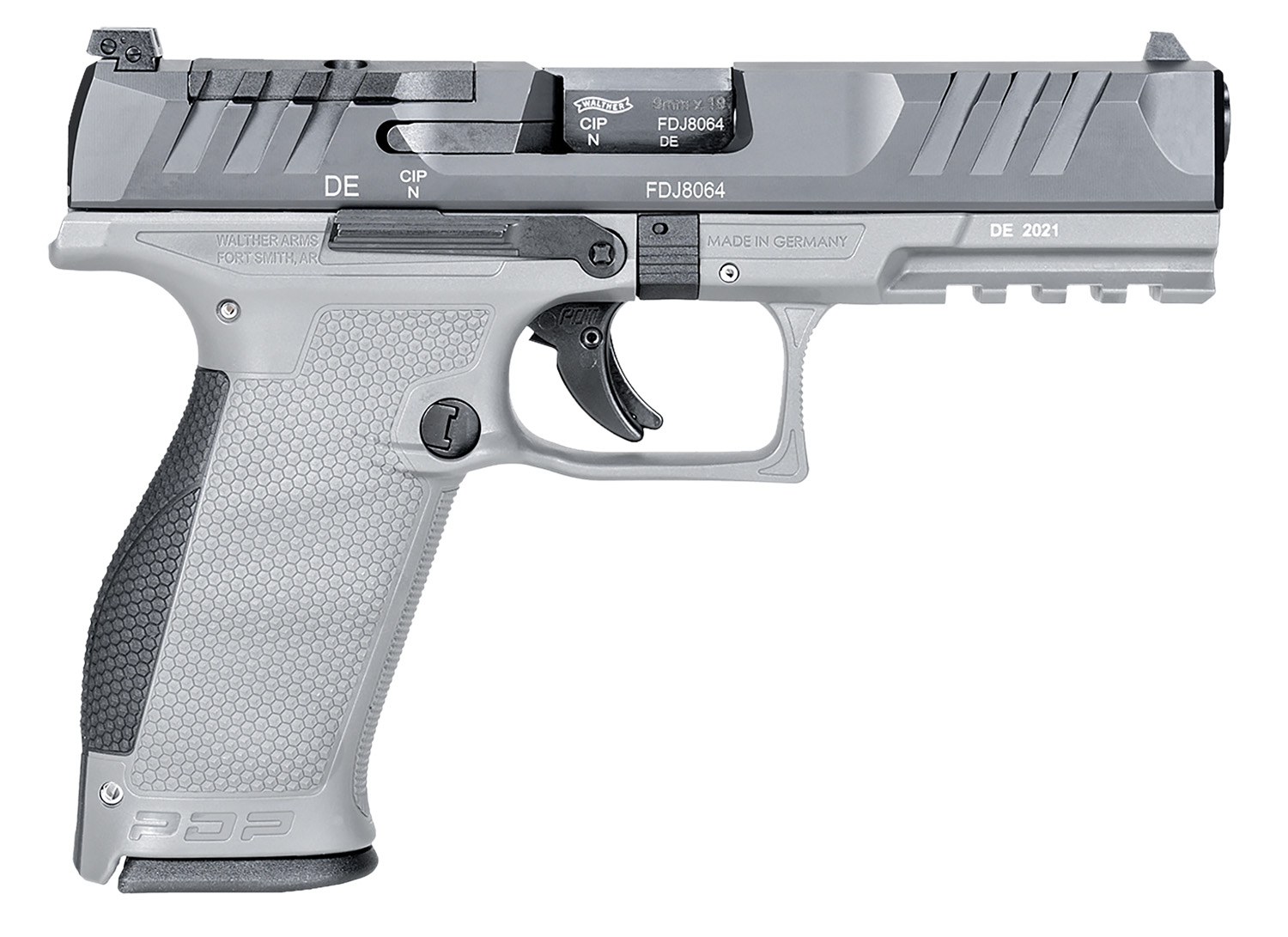 Walther Arms 2858371NP3 PDP  Full Size Frame 9mm Luger 18+1 4.50″ Stainless Polygonal Rifled Barrel, Optic Ready/Serrated Steel Slide, Gray Polymer Frame w/Picatinny Rail Ambidextrous