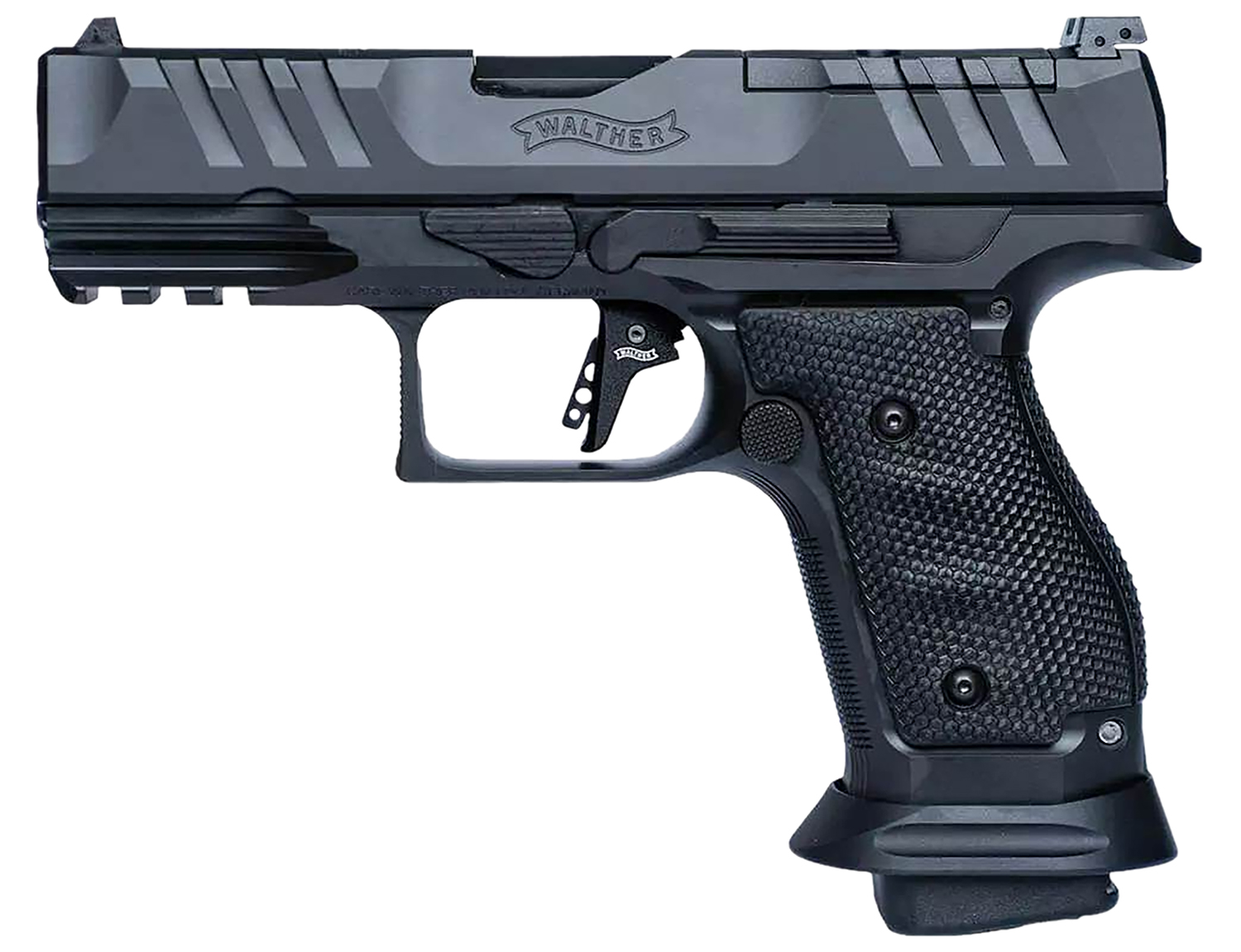 Walther Arms 2896991 PDP Pro Compact Frame 9mm Luger 18+1 4″ Black Steel Barrel, Black Optic Cut/Serrated Steel Slide, Black Steel Frame w/Picatinny Rail, Textured Wraparound Grip