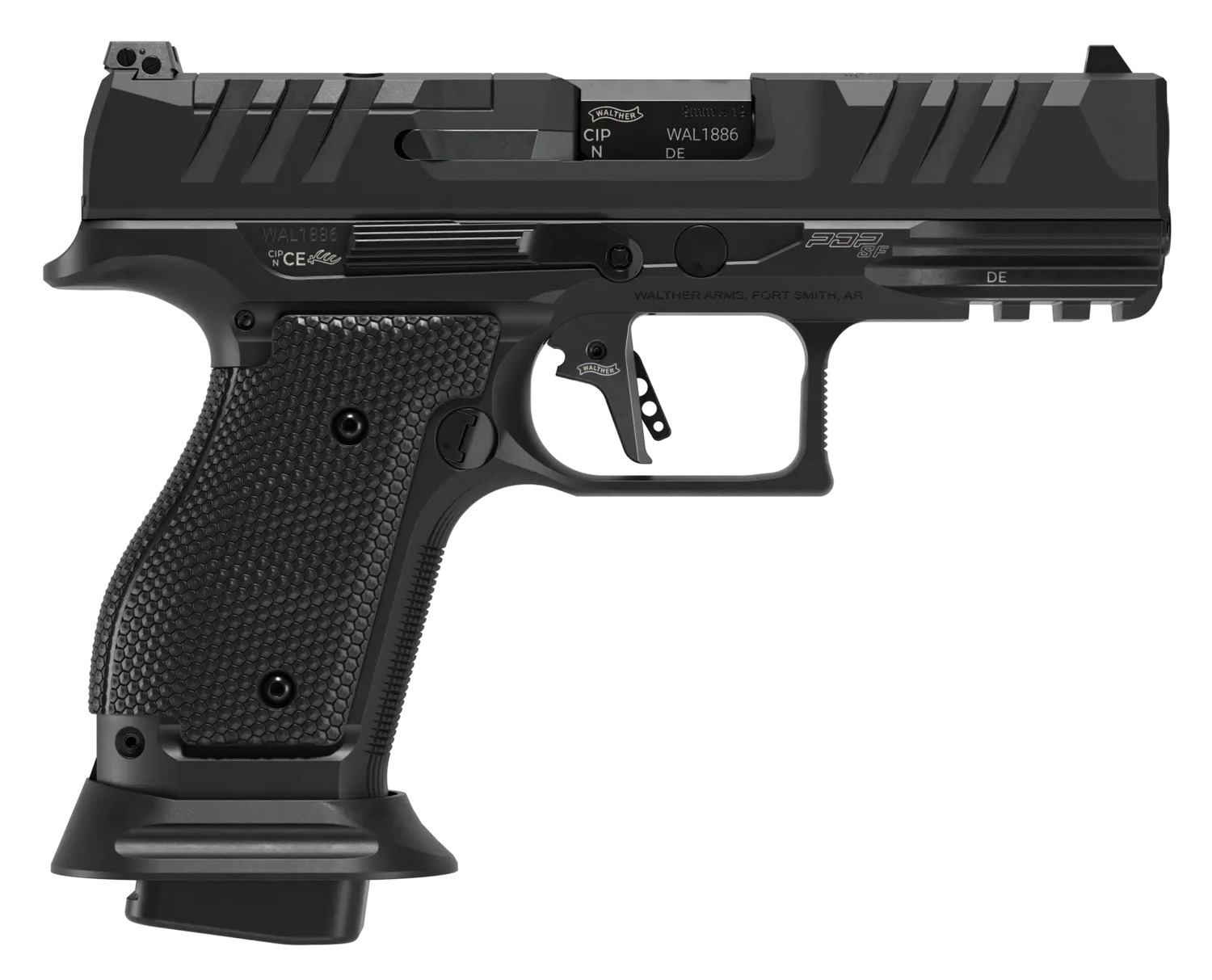Walther Arms 289699110 PDP Compact 9mm Luger 10+1 4″ Black Polygonal Rifled Barrel, Black Optic Ready/Serrated Slide, Black Steel Frame w/Picatinny Rail, Textured Wraparound Grip