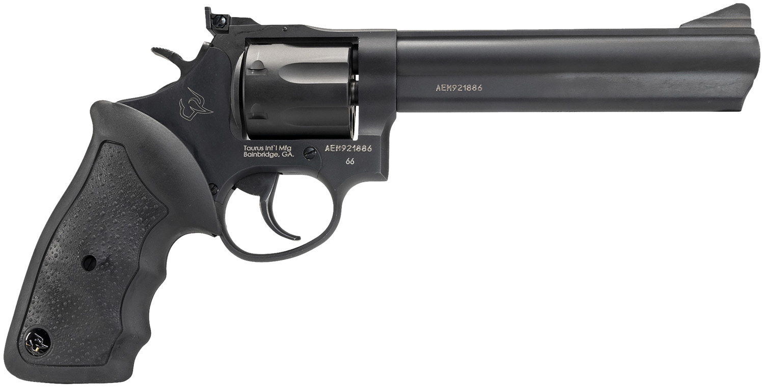 Taurus 2-660061 66 Medium 357 Mag/38 Special +P 7 Shot 6″ Matte Black Oxide Alloy Steel Barrel, Cylinder & Frame, Black Finger Grooved Rubber Grip, Transfer Bar Safety, Exposed Hammer