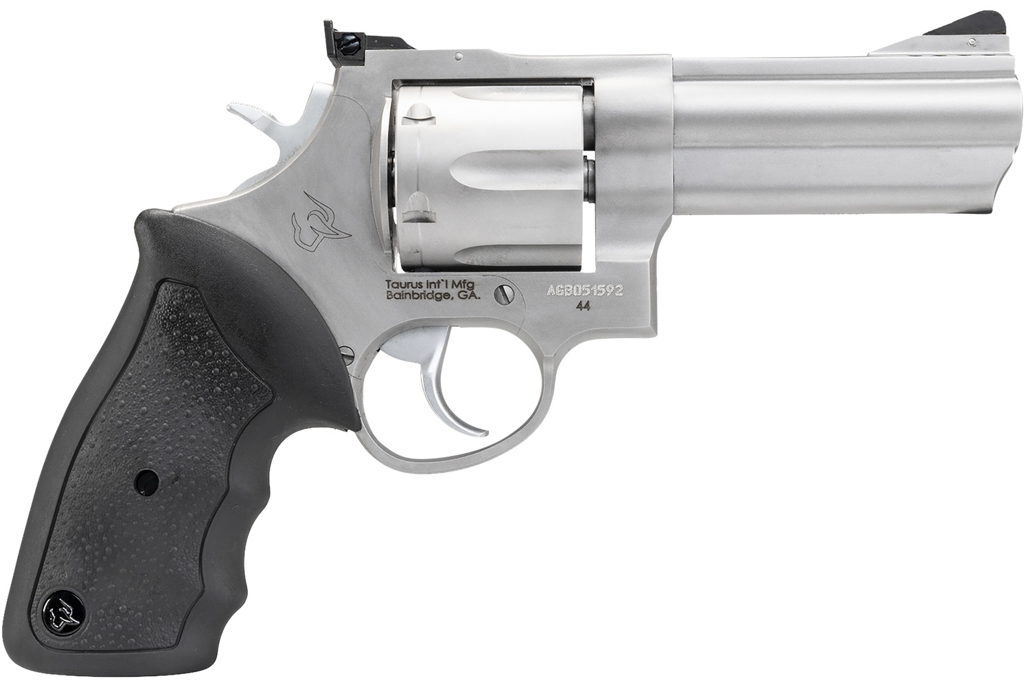 Taurus 2-440049 44 Large 44 Rem Mag 6 Shot 4″ Matte Stainless Ported Barrel, Cylinder & Frame, Black Finger Grooved Rubber Grip, Transfer Bar Safety, Exposed Hammer