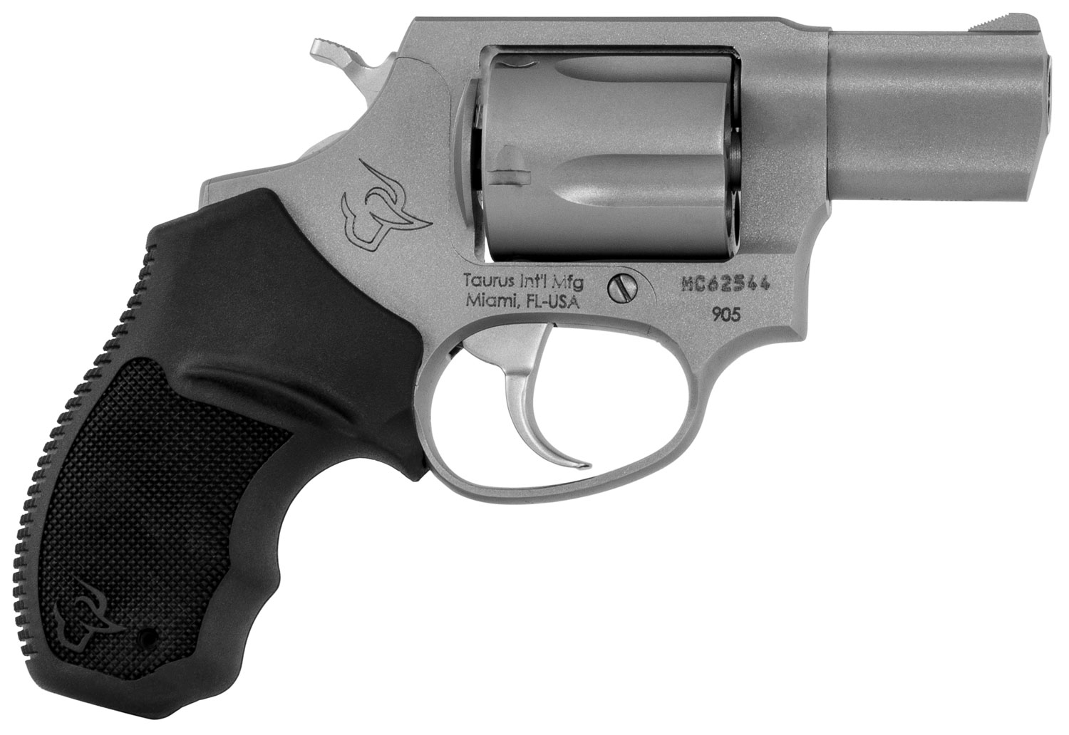 Taurus 2-905029 905 Small 9mm Luger 5 Shot 2″ Matte Stainless Steel Barrel, Cylinder & Frame, Black Finger Grooved Rubber Grip, Transfer Bar Safety, Exposed Hammer